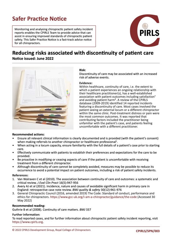 CPiRLS, Safer Practice Notice, continuity of care