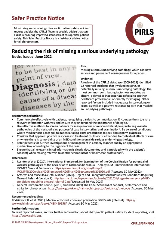 CPiRLS, Safer Practice Notice, pathology