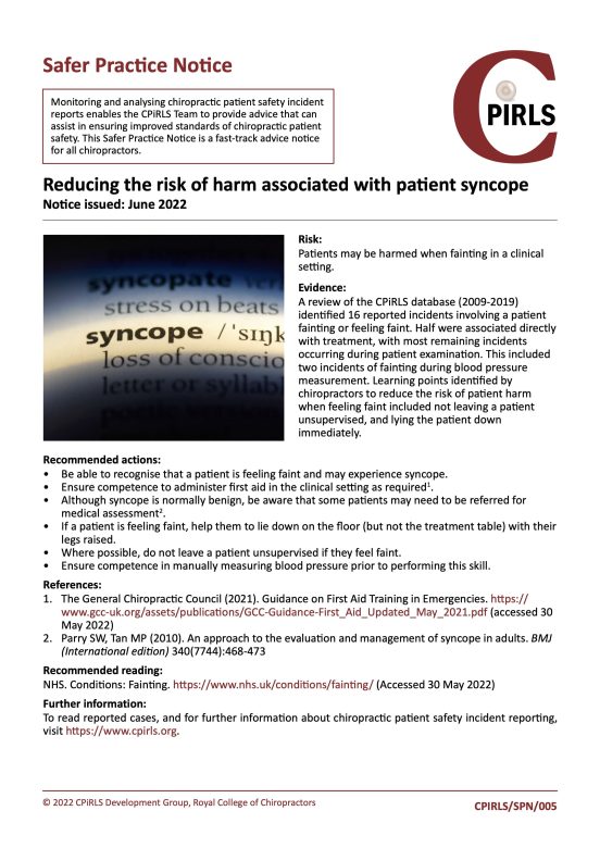 CPiRLS, Safer Practice Notice, syncope