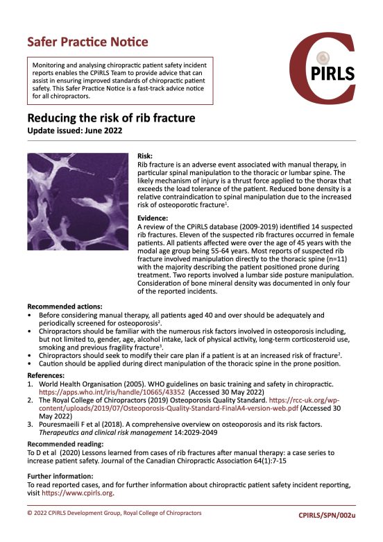 CPiRLS, Safer Practice Notice, Rib fracture